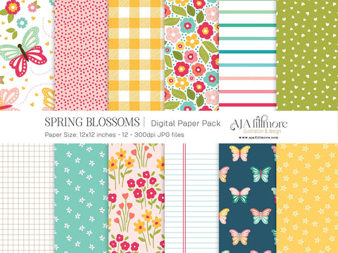 Springtime Whimsy - Butterfly & Floral Digital Scrapbook Paper SVG Aja Nicole Designs 