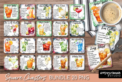 Square Coaster Bundle, Cocktail Recipe Sublimation 20 PNG Sublimation OrangeBrushStudio 