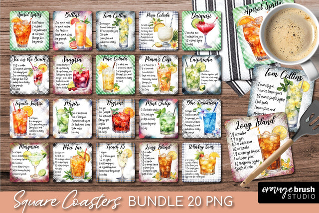 Square Coaster Bundle, Cocktail Recipe Sublimation 20 PNG Sublimation OrangeBrushStudio 