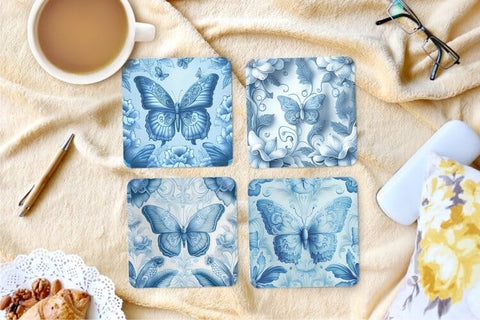 Square coaster sublimation. Blue butterfly Porcelain texture Sublimation Angelina Semenova 