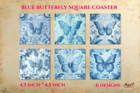 Square coaster sublimation. Blue butterfly Porcelain texture Sublimation Angelina Semenova 