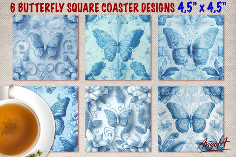 Square coaster sublimation. Blue butterfly Porcelain texture Sublimation Angelina Semenova 