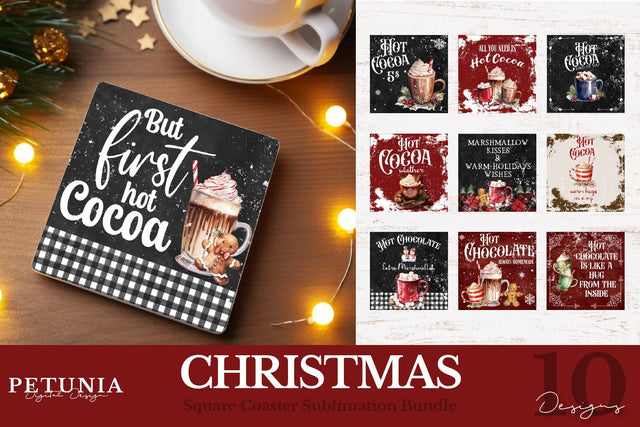 Square Coaster Sublimation Designs | Hot Cocoa PNG Sublimation Petunia Digital Design 