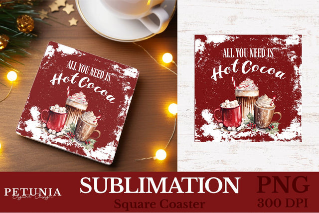 Square Coaster Sublimation Designs | Hot Cocoa PNG Sublimation Petunia Digital Design 
