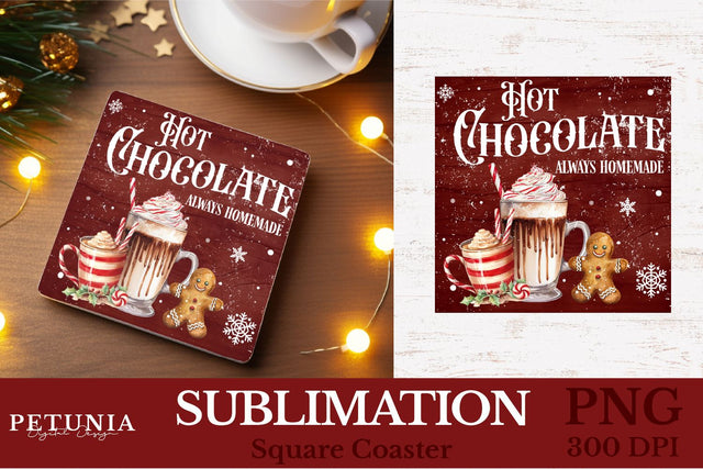 Square Coaster Sublimation Designs | Hot Cocoa PNG Sublimation Petunia Digital Design 