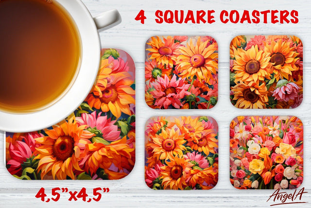Square coaster sublimation / Floral coaster / orange flowers Sublimation Angelina Semenova 