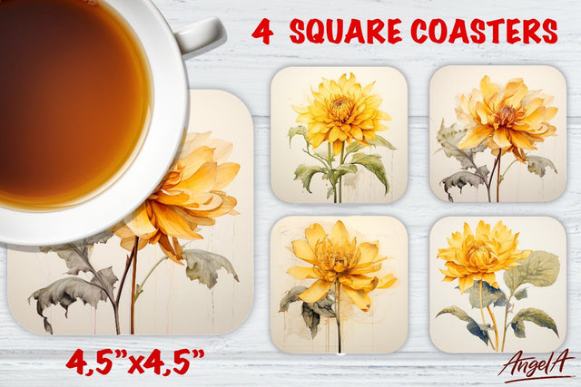 Square coaster sublimation / Floral coaster / yellow flowers Sublimation Angelina Semenova 
