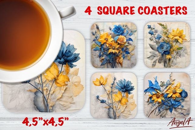 Square coaster sublimation / Floral coaster / yellow flowers Sublimation Angelina Semenova 