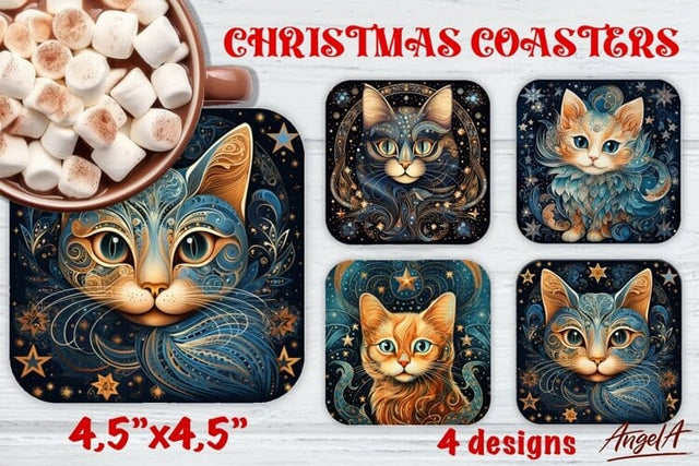 Square coaster sublimation, magic cat face, swirl texture Sublimation Angelina Semenova 