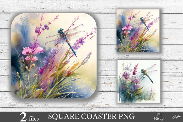 Square Coaster Sublimation PNG. Watercolor Dragonfly PNG Sublimation Olga Terlyanskaya 