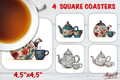 Square coaster / teapot doodle / drink coasters / cup of tea Sublimation Angelina Semenova 