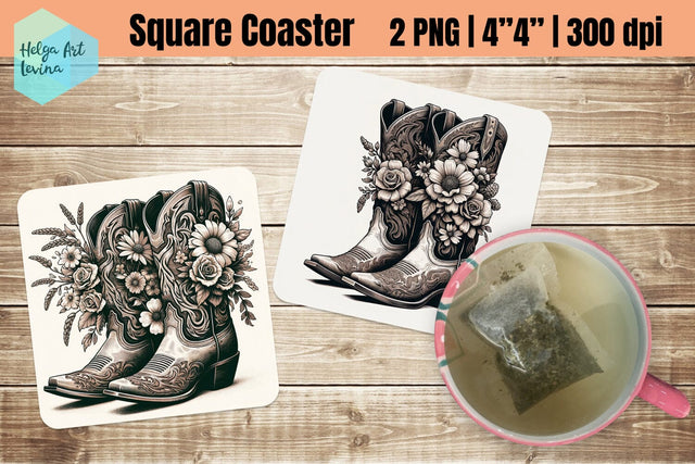 Square Coasters Sublimation | cowboy boots Sublimation Helga Art 