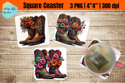 Square Coasters Sublimation | cowboy boots Sublimation Helga Art 