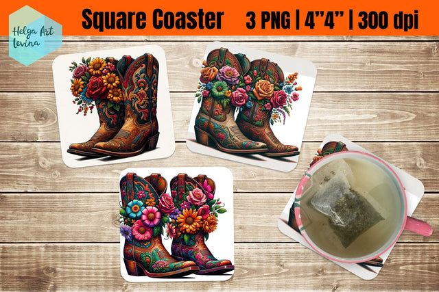 Square Coasters Sublimation | cowboy boots Sublimation Helga Art 