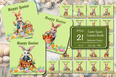 Square Easter coaster Bundle Easter Bunny Sublimation coaster design Watercolor Rabbit Easter basket Egg PNG Square keychain Sublimation Createya Design 