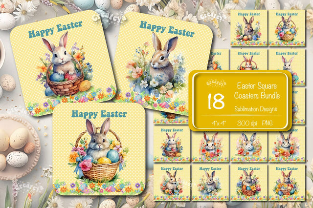 Square Easter coaster Bundle Easter Bunny Sublimation coaster design Watercolor Rabbit Easter Square keychain Sublimation Createya Design 