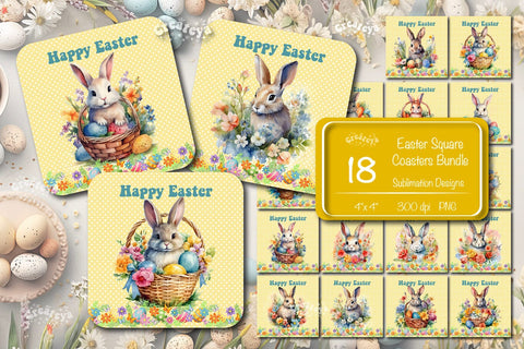 Square Easter coaster Bundle Easter Bunny Sublimation coaster design Watercolor Rabbit Easter Square keychain Sublimation Createya Design 