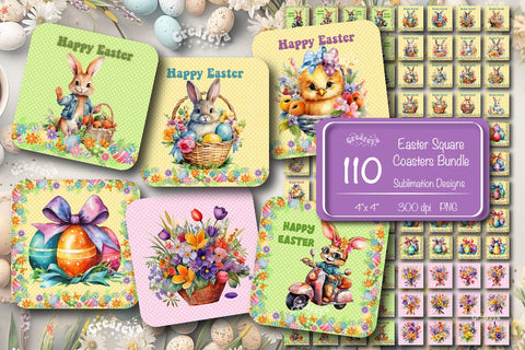 Square Easter coaster Bundle Easter Sublimation coaster design Watercolor Bunny Easter basket Egg PNG Square keychain SVG Createya Design 