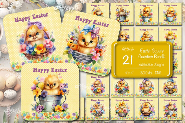 Square Easter coaster Bundle Easter Sublimation coaster design Watercolor Chick Easter basket Square keychain Sublimation Createya Design 