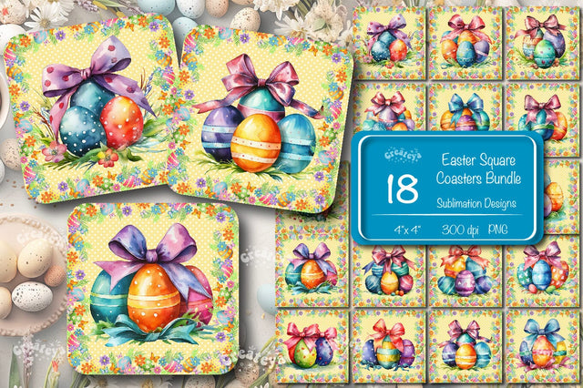 Square Easter coaster Bundle Easter Sublimation coaster design Watercolor Easter Egg PNG Square keychain Sublimation Createya Design 