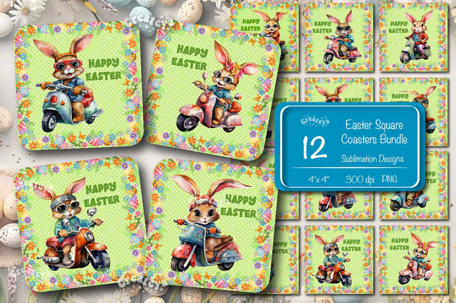 Square Easter coaster Bundle Funny Easter Bunny Sublimation coaster design Watercolor Rabbit Easter Square keychain Sublimation Createya Design 