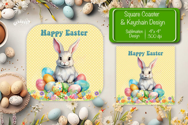 Square Easter coaster Easter Bunny Sublimation coaster design Watercolor bunny PNG Square keychain Sublimation Createya Design 