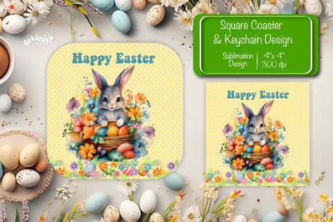 Square Easter coaster Easter Bunny Sublimation coaster design Watercolor bunny PNG Square keychain Sublimation Createya Design 