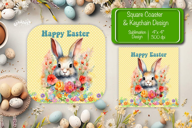 Square Easter coaster Easter Bunny Sublimation coaster design Watercolor bunny PNG Square keychain Sublimation Createya Design 