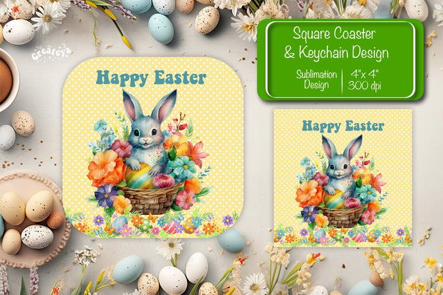 Square Easter coaster Easter Bunny Sublimation coaster design Watercolor bunny PNG Square keychain Sublimation Createya Design 