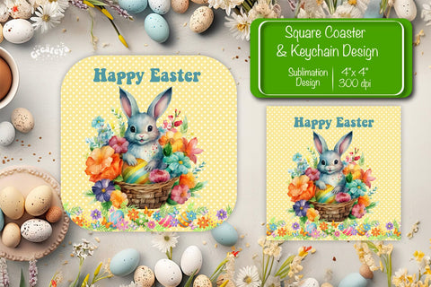 Square Easter coaster Easter Bunny Sublimation coaster design Watercolor bunny PNG Square keychain Sublimation Createya Design 