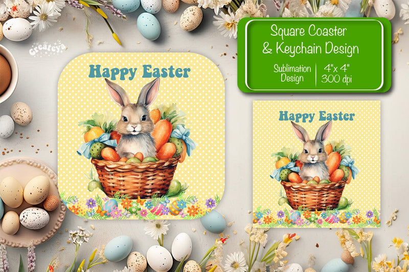 Square Easter coaster Easter Bunny Sublimation coaster design Watercolor bunny PNG Square keychain Sublimation Createya Design 