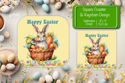 Square Easter coaster Easter Bunny Sublimation coaster design Watercolor bunny PNG Square keychain Sublimation Createya Design 