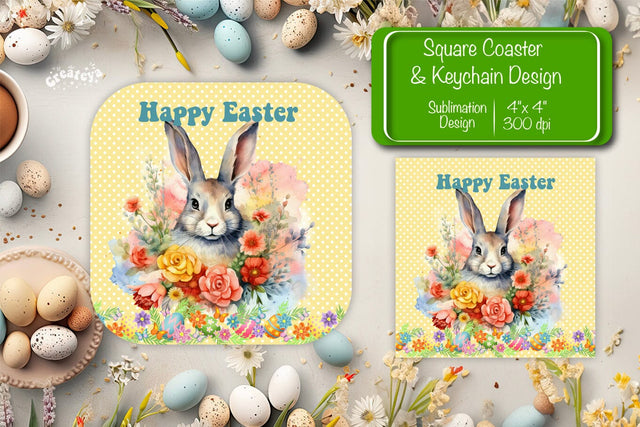 Square Easter coaster Easter Bunny Sublimation coaster design Watercolor bunny PNG Square keychain Sublimation Createya Design 
