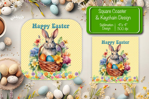 Square Easter coaster Easter Bunny Sublimation coaster design Watercolor bunny PNG Square keychain Sublimation Createya Design 