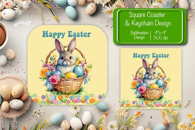 Square Easter coaster Easter Bunny Sublimation coaster design Watercolor bunny PNG Square keychain Sublimation Createya Design 
