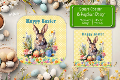 Square Easter coaster Easter Bunny Sublimation coaster design Watercolor bunny PNG Square keychain Sublimation Createya Design 
