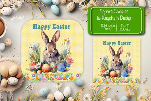 Square Easter coaster Easter Bunny Sublimation coaster design Watercolor bunny PNG Square keychain Sublimation Createya Design 