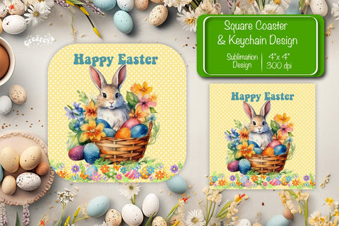 Square Easter coaster Easter Bunny Sublimation coaster design Watercolor bunny PNG Square keychain Sublimation Createya Design 