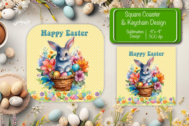 Square Easter coaster Easter Bunny Sublimation coaster design Watercolor bunny PNG Square keychain Sublimation Createya Design 