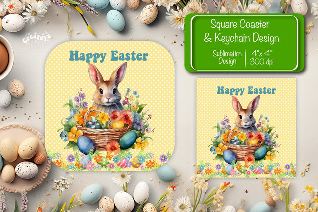 Square Easter coaster Easter Bunny Sublimation coaster design Watercolor bunny PNG Square keychain Sublimation Createya Design 