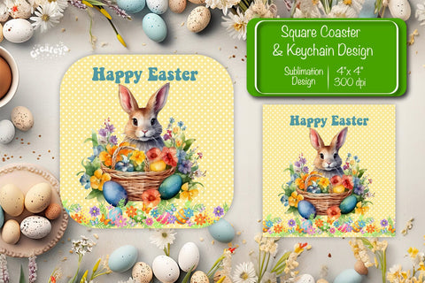 Square Easter coaster Easter Bunny Sublimation coaster design Watercolor bunny PNG Square keychain Sublimation Createya Design 