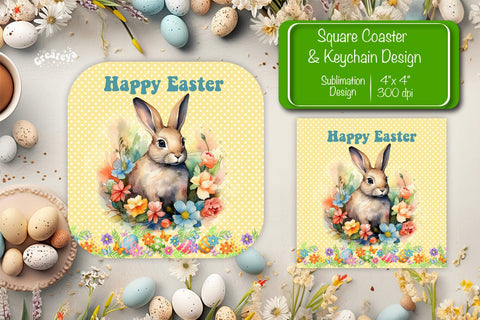 Square Easter coaster Easter Bunny Sublimation coaster design Watercolor bunny PNG Square keychain Sublimation Createya Design 