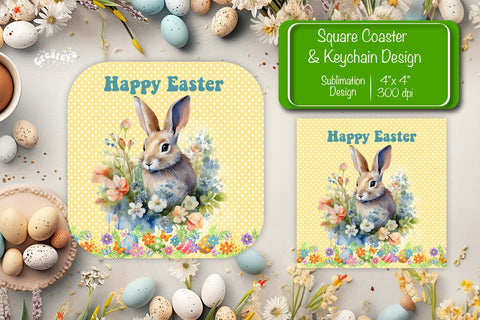 Square Easter coaster Easter Bunny Sublimation coaster design Watercolor bunny PNG Square keychain Sublimation Createya Design 