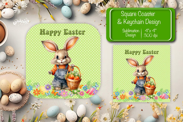 Square Easter coaster Easter Bunny Sublimation coaster design Watercolor PNG Square keychain Sublimation Createya Design 