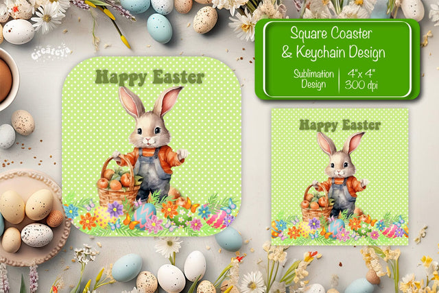 Square Easter coaster Easter Bunny Sublimation coaster design Watercolor PNG Square keychain Sublimation Createya Design 