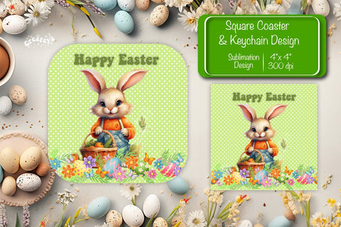 Square Easter coaster Easter Bunny Sublimation coaster design Watercolor PNG Square keychain Sublimation Createya Design 