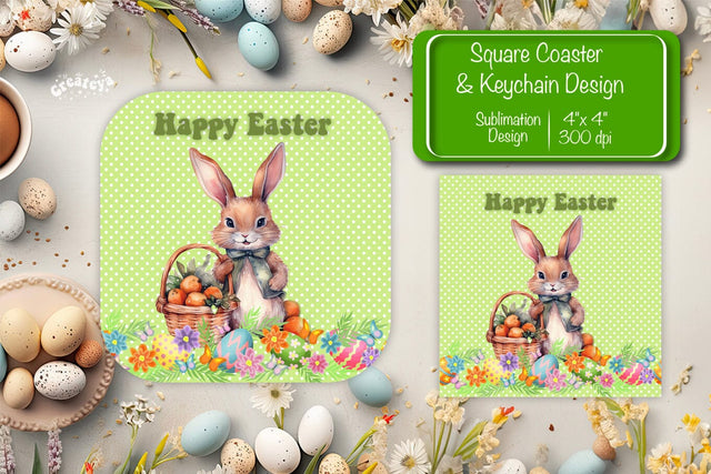 Square Easter coaster Easter Bunny Sublimation coaster design Watercolor PNG Square keychain Sublimation Createya Design 