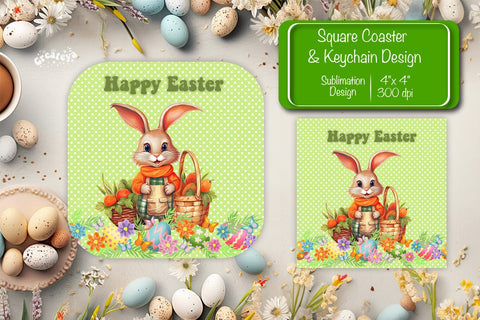 Square Easter coaster Easter Bunny Sublimation coaster design Watercolor PNG Square keychain Sublimation Createya Design 