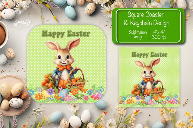 Square Easter coaster Easter Bunny Sublimation coaster design Watercolor PNG Square keychain Sublimation Createya Design 