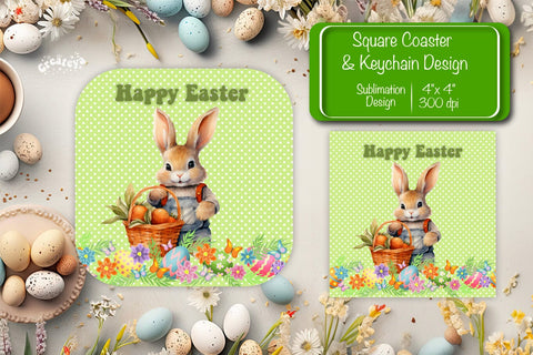 Square Easter coaster Easter Bunny Sublimation coaster design Watercolor PNG Square keychain Sublimation Createya Design 